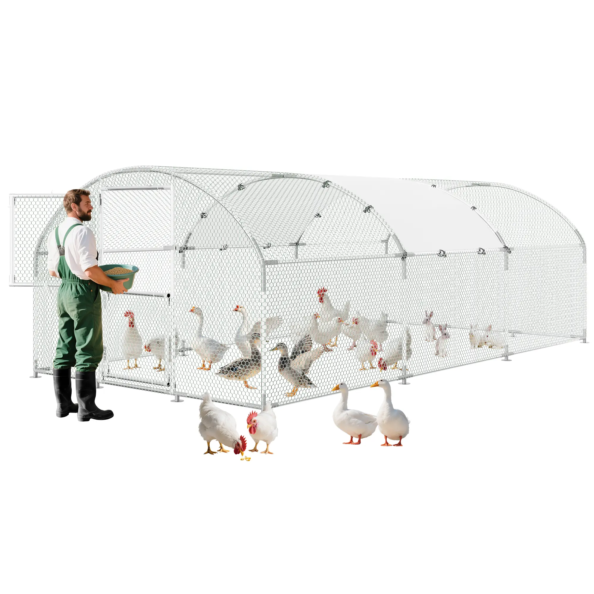 Large Metal Chicken Coop 20x10x6.6ft - Heavy Duty Walk-In Poultry Cage with Feeder Door & Waterproof Cover - Escape-Proof Hen House for Yard & Farm, Fits Up to 30 Chickens