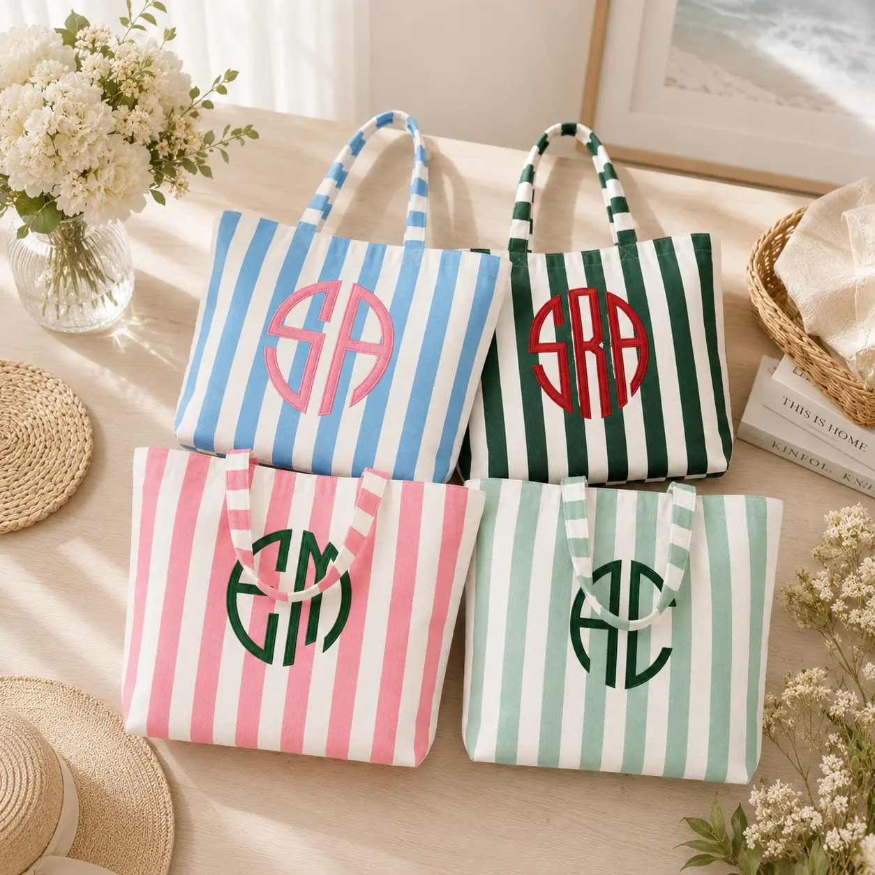Personalized Embroidered Initials Canvas Tote Bag,Embroidery Striped Tote Bag, Monogram Tote, Bridesmaids Gift For Her,Embroidered Beach Bag