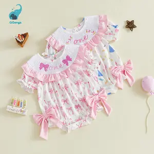 Infant Baby Girl Birthday Romper Letter Embroidery Bow Print Short Sleeve Ruffled Round Neck Bodysuit
