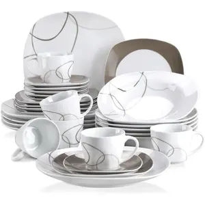 30-Piece Dinner Set Ivory White Brown Lines Porcelain China Ceramic Dessert Soup Dinner Plates Cups Saucers Service for 6