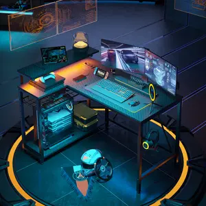 Bestier 42" Reversible L-Shaped Gaming Desk with Power Outlets LED Lights and Monitor Stand &Storage Shelves & Hooks for Bedrooms & Home Offices