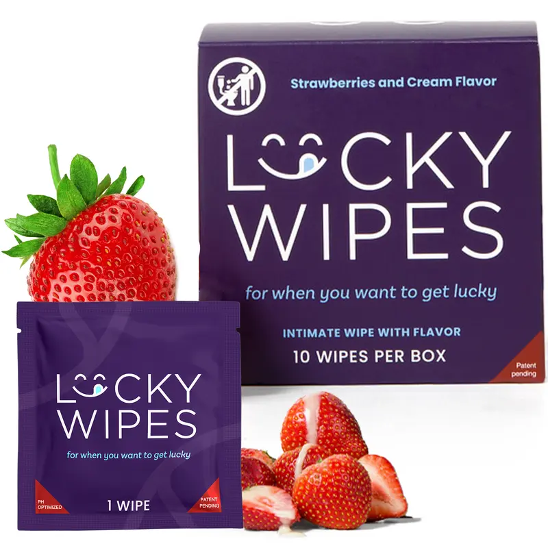 [Lucky Wipes] Strawberries & Cream Flavored Wipes For Men | 10 Wipes per Box | Scented, Gentle, Personal Care, pH Optimized Vegan and Cruelty Free, Hygiene Wipes For Men, Flavored Wipes, Men's Gift