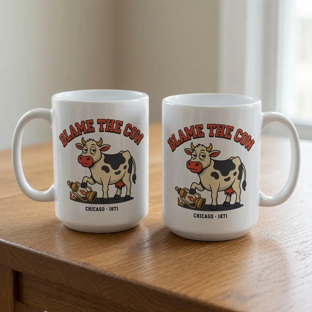 Blame the Cow Mug, Great Chicago Fire 1871 Coffee Mug, Funny Chicago History Gift, Chicago Firefighter Mug, Fire Prevention Week Chicago Cup