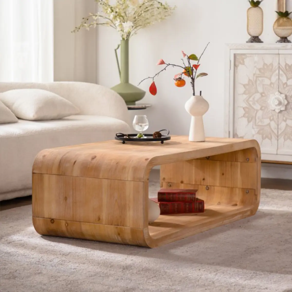 Accent Coffee Table - Modern Indoor Furniture, Open-Frame Light Wood Design with Elegant Curves, Open Storage for Contemporary Living Rooms