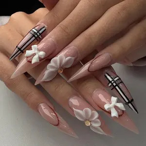 Elegant French Tip Press On Nails | White Silver Bow Wedding Nails | Sophisticated Reusable Press Ons | Bridal Nail Art