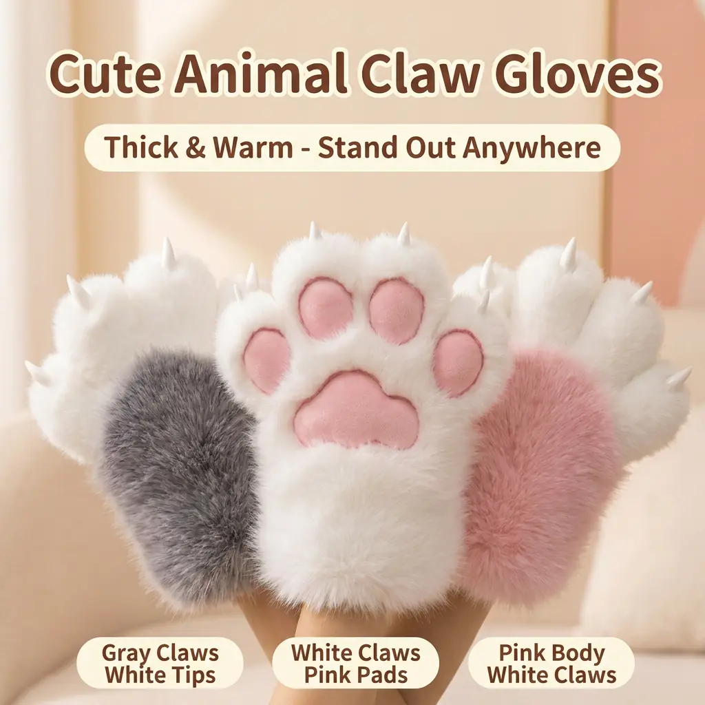 Unisex Fashion Squeaky Animal Claw Gloves with Nails, Comfortable Furry Plush Party Photo Props, Festive Cosplay Sound Accessories