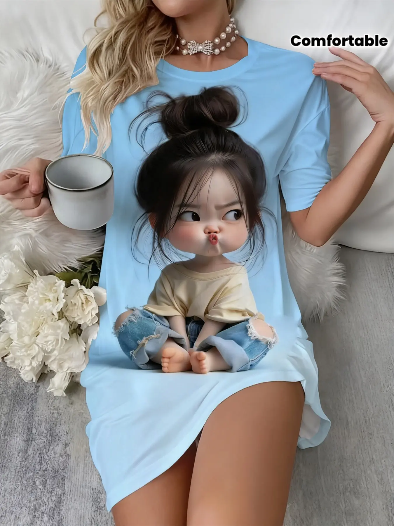 Cute Girly Portrait Print | Comfortable Casual Short-Sleeve Crew Neck Round Neck Night Dress and Sundress for Adult, Perfect for Spring/Summer, Nightwear, Loungewear
