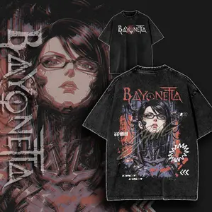 Bayonetta Cyberpunk Design Washed Lightweight Cotton TSHIRT, Vintage Gaming Tee, Gamer Streetwear Gift For Gamer Menswear Top Aesthetic Washed Print Unisex Top Neon Design