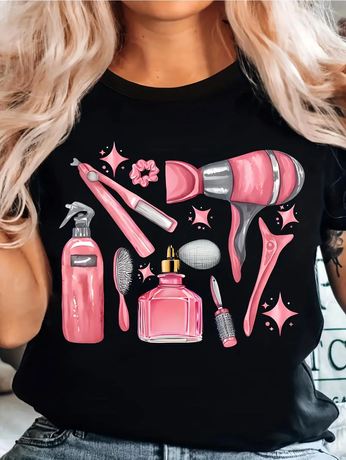 Women's Black & Pink Salon T-Shirt with Beauty Icons (Hair Dryer, Scissors, Nail Polish, Blow Dryer) - Cosmetology Workwear Top for Hairstylists & Nail Technicians - Short Sleeve Round Neck Casual Uniform Apparel