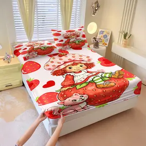 Cute Strawberry Girl Cartoon Print Fitted Sheet Set, 1 Fitted Sheet + 2 Pillowcases - 3 Piece, Deep Pocket Design, Soft Microfiber Wrinkle Free Breathable Bedding, Sweet Girly Bedroom Decor, Coquette Girly Bedroom Decor Gift for Girls