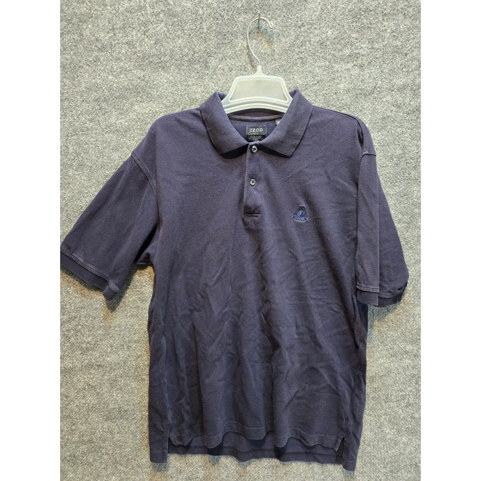 Izod Mens L Navy Blue Short Sleeve Polo Embroidered Crest Logo 2-Button