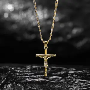 Men's Vintage 14K Gold-plated Jesus Cross Pendant Necklace With Smooth Chain Religious Jewelry For All Year Round Easter Graduation Gift