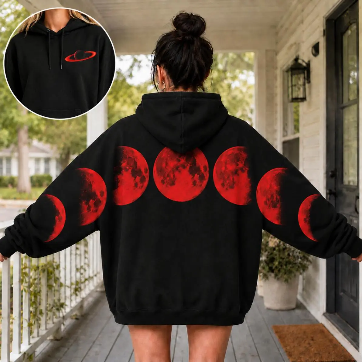 Red Blood Moon Phases Shoulder-to-Shoulder Back Lettering Sweatshirt Hoodie, Spooky Season Streetwear,Halloween Fan Gift
