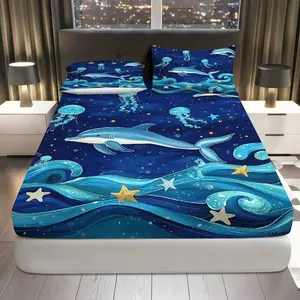 3Pcs Ocean Dolphin Jellyfish Fitted sheet Three Piece Set (1*Fitted Sheet+2*Pillowcases, Coreless), Nautical theme, Marine Life Bedding Set, Mattress protector Soft, Breathable