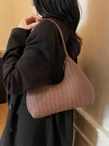 French Vintage Solid Color Woven Crescent Bag, Fashion Casual Shoulder Bag, Large Capacity Tote, Armpit Bag, Commuter Bag for Women