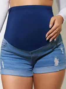 Blue Pregnant Jeans Shorts, Summer Belly Support, Simple Ripped Thin Design, Wearable Outerwear, Pregnancy Clothing