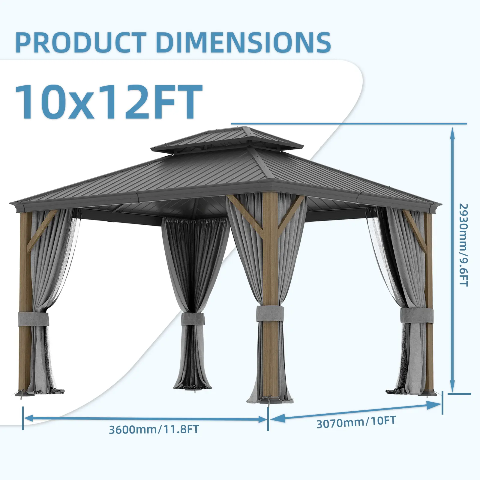 10x12 Ft Sturdy Hardtop Gazebo - Stable Heavy-Duty Aluminum Frame Permanent Pavilion, Outdoor Double Roof Canopy with Curtains, Netting - Ideal for Patios, Shade for Barbecues, Parking Space, Relaxation