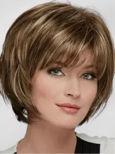 10 Inch Short Straight Bob Wigs for Women, Natural Looking Gorgeous Fluffy Wigs with Air Bangs, Synthetic Full Machine Wigs for Party Photography, Daily Use, Machine Made Wig