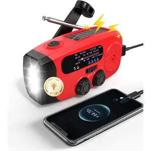 Hand Crank Emergency Radio-2000mAh/7400mWh AM/FM/NOAA Solar Hand Crank Emergency Radio with 3 LED Flashlight, SOS Function for Emergencies, Camping-Red