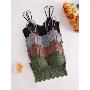 4pcs Women's Sexy Lace Bralettes - Wireless, Removable Pads, Sunflower Pattern, Black/Khaki/Gray/Green, Soft & Comfortable