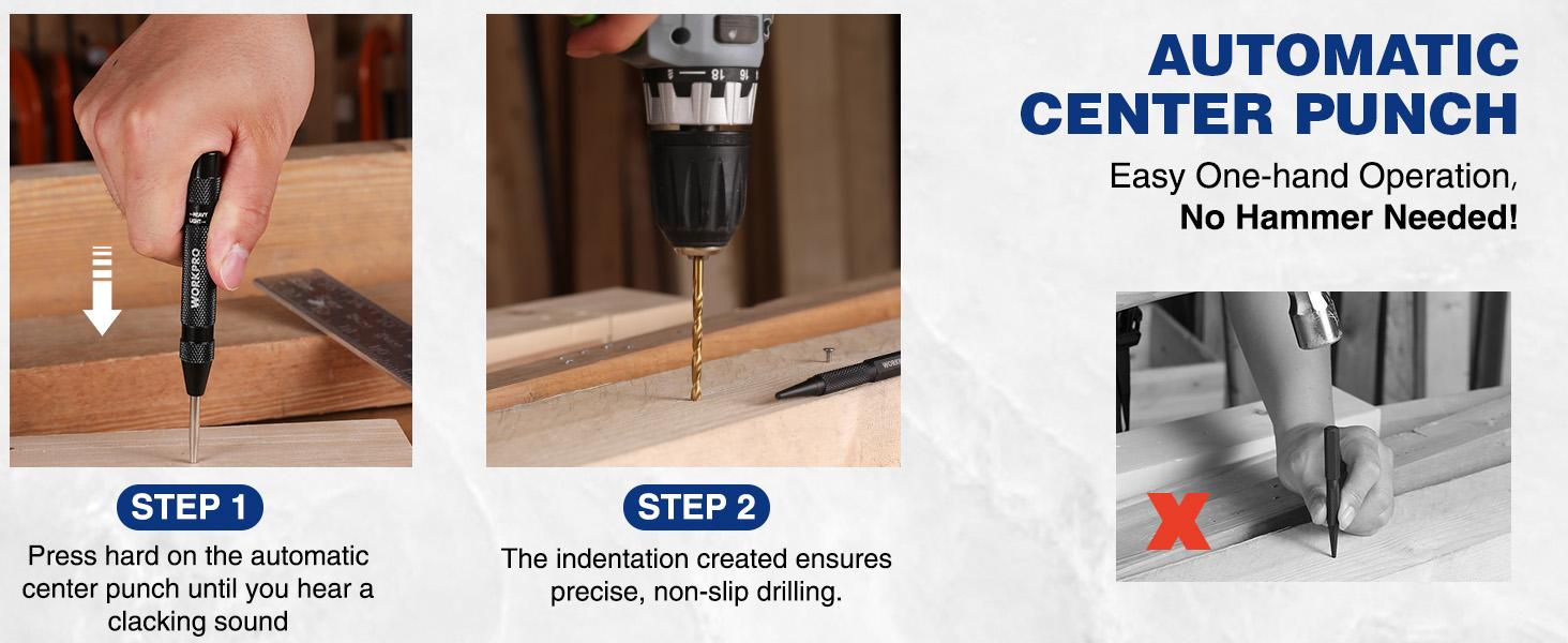 #backtoschool WORKPRO Automatic Center Punch, Extra Replacement Tip, Adjustable Spring Loaded Center Punch, Metal Punch Tool, Center Hole Punch for Wood, Metal, Plastic #backtoschool WORKPRO Automatic Center Punch, Extra Replacement Tip, Adjustable Spring Loaded Center Punch, Metal Punch Tool, Center Hole Punch for Wood, Metal, Plastic