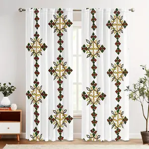 2 pieces of Ethiopian cross printed curtains, Home textile, interior decoration, Room Decor Curtain, Home Decorative Curtain, semi transparent polyester fabric, durable window decorations, suitable for holiday curtains