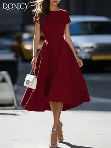 Women's Wine Round Neck Short Sleeve Tie Waist Flared Midi Dress, Casual Long Dress for Spring Summer, Formal Party Wedding, Womenswear