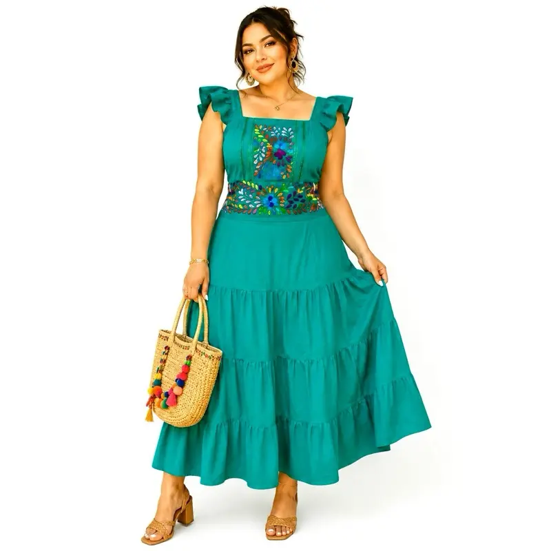 Isa Dress - Hand Embroidered Mexican Dress Elastic Back Elegant Long Dress Made in Mexico Long Summer Dress Cotton Dress