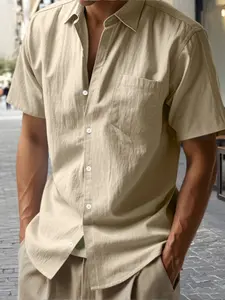 New Pure Color Plain Linen Collared Short Sleeve Shirt for Men, Loose Fit Casual Pocket American Style Button Front Top