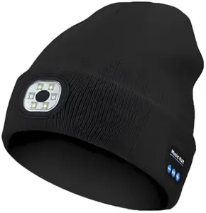 Bluetooth Beanie with Light, Unisex USB Rechargeable 4 LED Flashlight Hat with Wireless Headphones, Warm Knit Balaclava Skull Cap for Outdoor Cycling, Sports, Spider Web Style, Christmas Birthday Gift