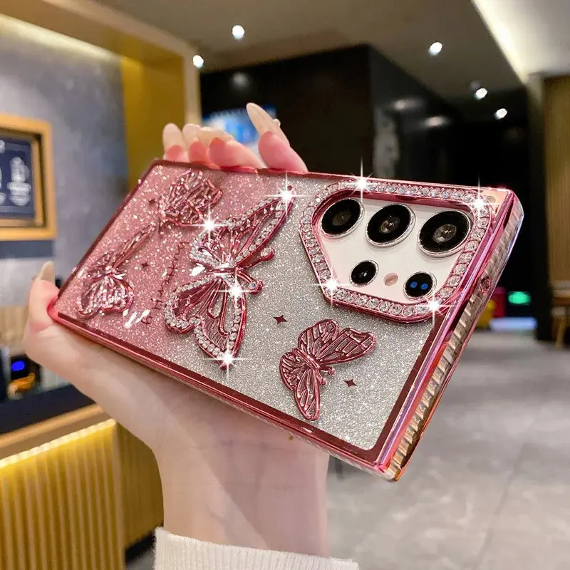 For Samsung S26 Ultra A16 A26 S23 S24 FE S25 Ultra S25 Plus 5G Smartphone Women Girl's Diamond Butterfly Protective Phone Case Casing Accessories Protective Shell Transparent Plating Soft Cover Silicone Soft Shell Protector Protection Silicone Covers