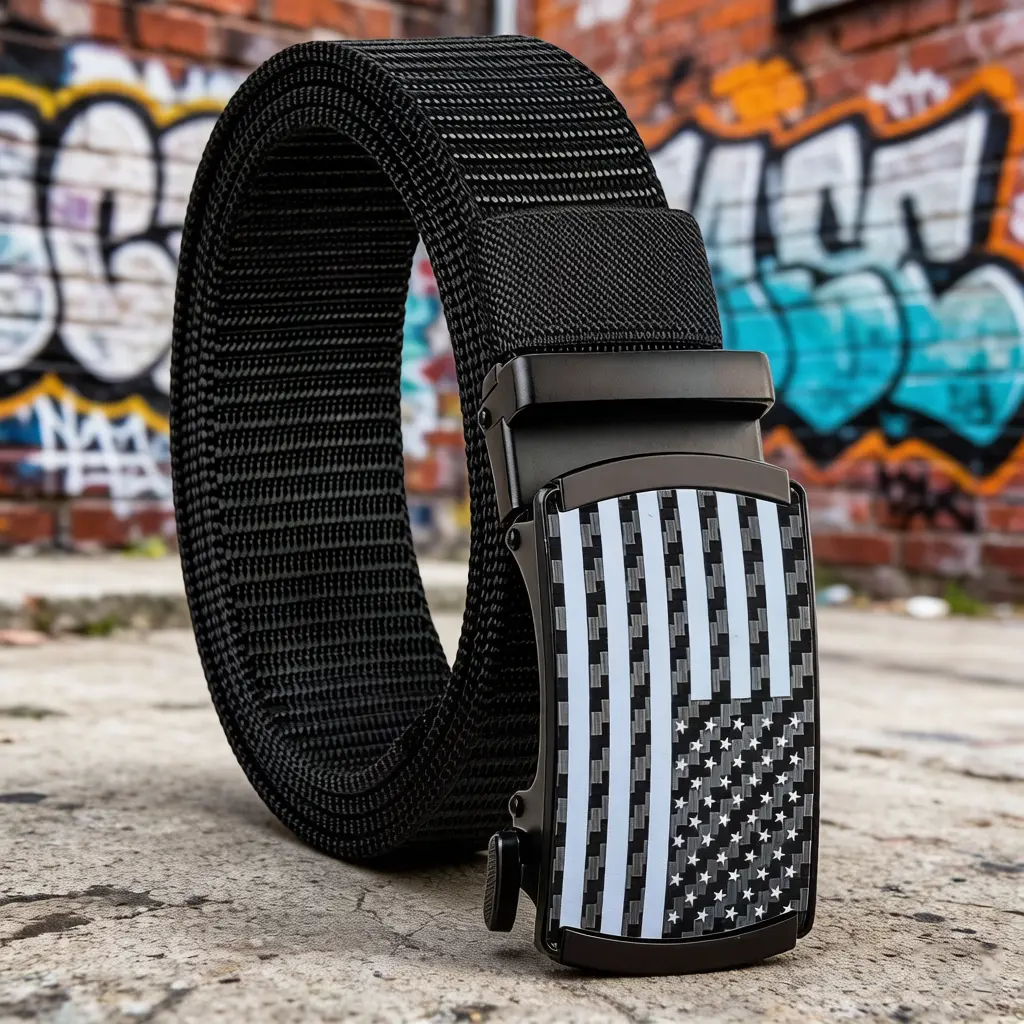 Male Adjustable Ratchet Nylon Belts (2-Pack) - 1.33in American Flag Automatic Buckle, Braid Heavy-Duty Exact-Fit Webbing Belts for Golf, Tactical Work (4th of July Edition)