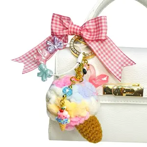 Chenille Ice Cream Cone Plushie Coquette Bow Bag Charm / Gingham Coquette Bow Ice Cream Purse Charm  / 4 Piece Bag Charm Fashion Accessory