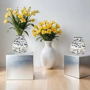 Squat Tear Drop Ceramic Vase - White With Marine Blue Splatter | Splat Collection by Aria Home