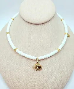 Elephant Hamsa white jade necklace