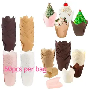 Random Color Flower Shaped Cupcake Liner, 50pcs Heat Resistant Oil-proof Cupcake Paper Cup, Baking Cupcake Paper, Kitchen Baking Utensils