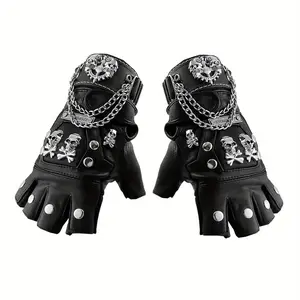 Skull Punk Rock Biker Black Real Leather Half Finger Gloves with Bracelet For Men Women