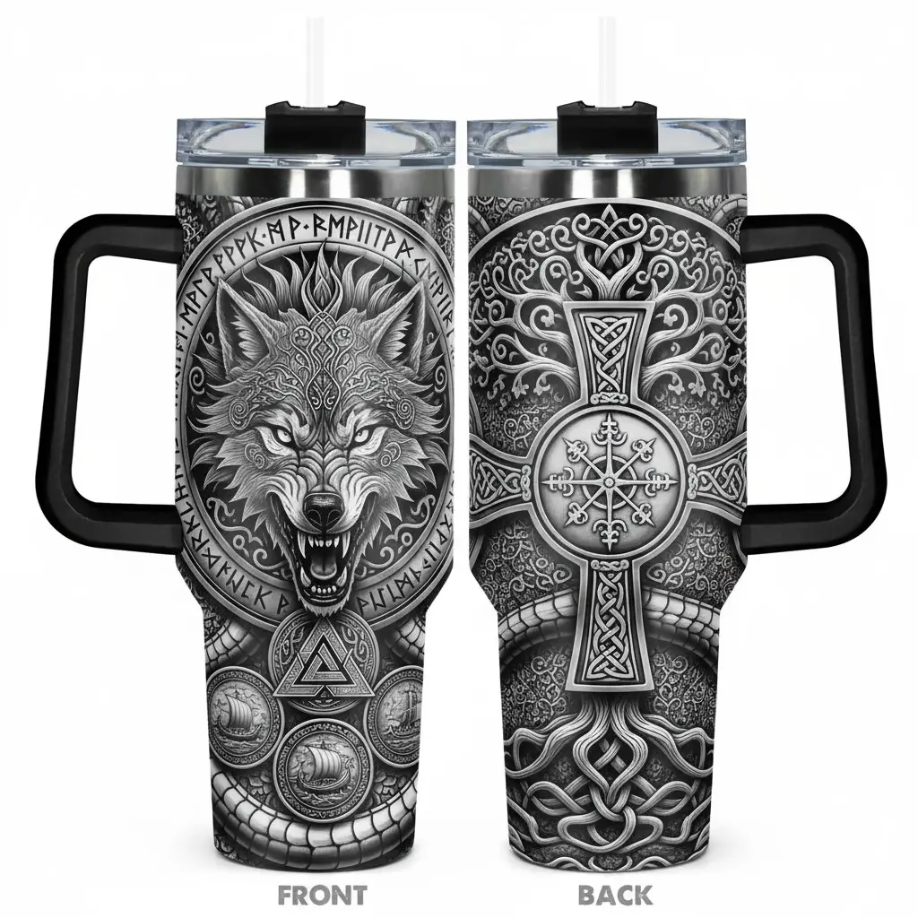 Nordic Wolf Rune 40oz Insulated Tumbler with Viking-Inspired Artwork - Sustains Ice Chill for 24+ Hours - 1.18L Capacity Hydration Mug for Gym, Outdoor Activities & Sports - Distinctive Easter & Birthday Gift for Men, Dad, Husband & Norse Mythology F