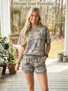 Women's 2 Piece Outfits Casual Short Sleeve T-Shirt and High Waist Drawstring Shorts Set Camo Tracksuit Loungewear Summer