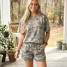 PHEFEE Women's Chic 2-Piece Camo Print Loungewear Set - Soft Short-Sleeve Tee, High-Waist Elastic Adjustable Drawstring Shorts, Comfortable Fit Fabric Summer Everyday Casual Tracksuit