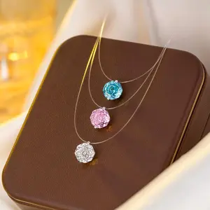 Trendy Solitaire Rose Necklaces Sterling Silver Rose cut Birthstone Pendant Octagonal Flower Jewelry Gifts for Her  Invisible Chain Design