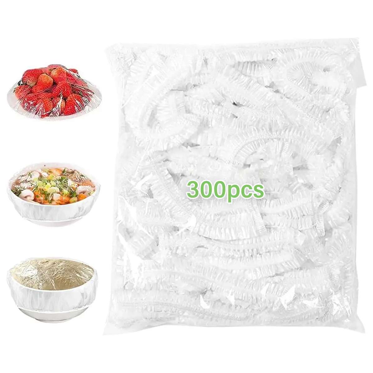 300PCS Disposable Elastic Food Safe Plastic Stretch Bowl Covers - Preservation Kitchen Lids for Bowls, Plates, Containers, Leftovers, Meal Prep
