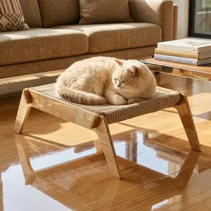 No Tool Assembly Cat Bed Solid Wood Elevated Pet Cot With Breathable Woven Mat Screw Free Quick Setup For Cats Small Dogs