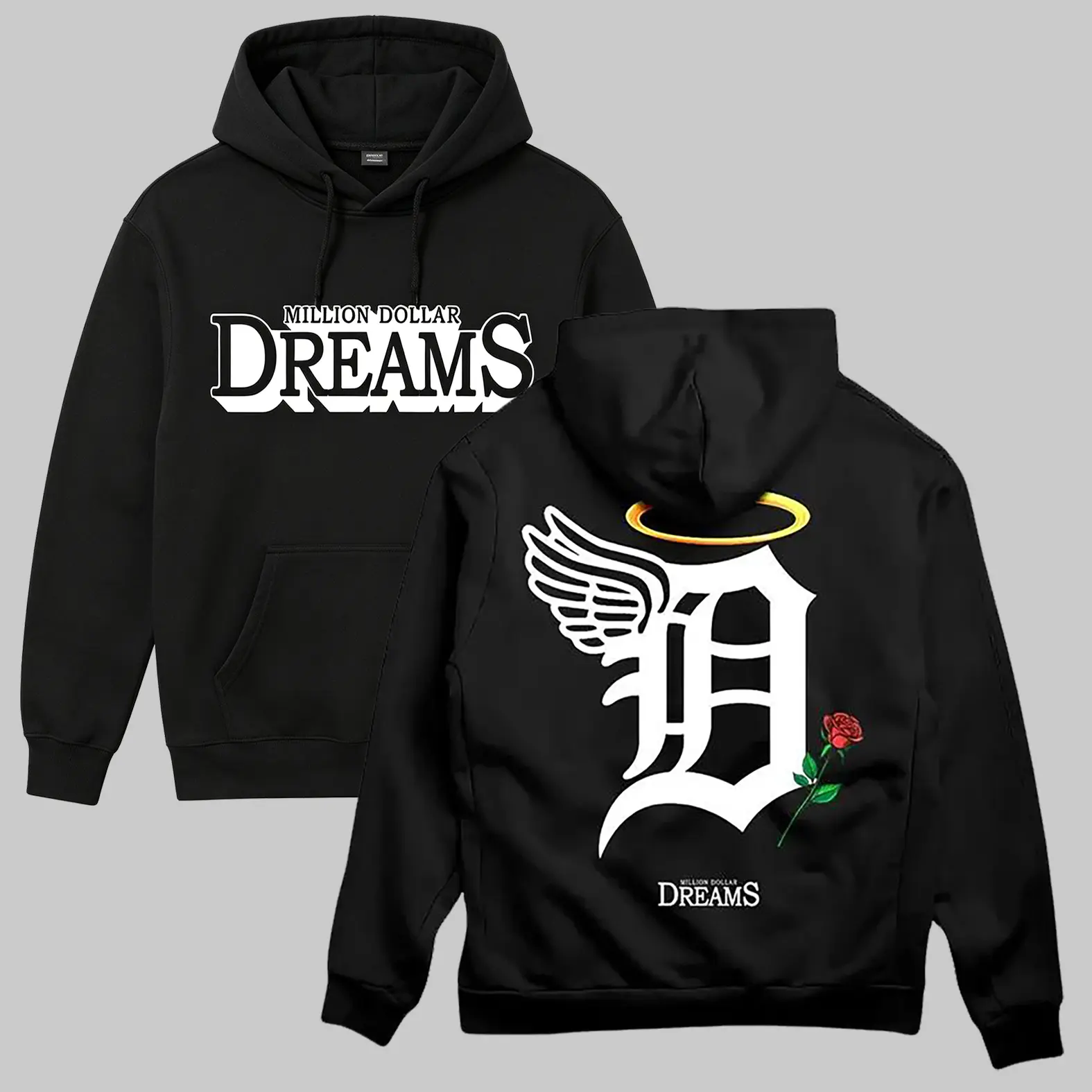 Double-Sided Print Sports Hoodie, Gothic Letter D, Angel Wing Halo, Red Rose Graphic Pullover, Retro Hip-Hop Streetwear Top, Men's Casual Daily Long-Sleeve Hooded Sweatshirt