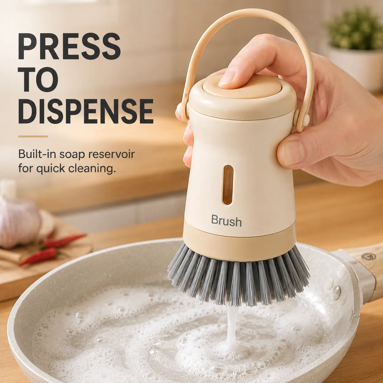 Dish Brush with Soap Dispenser, Kitchen Cleaning Brush for Pan, Pot and Cookware Scrubbing Tough on Grease Window