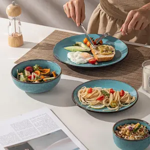 4-piece ceramic dinnerware set, Western-style tableware, suitable for 1 person, kiln-fired ceramic, blue series, includes steak plate, salad bowl, dip bowl, microwave-safe, machine washable