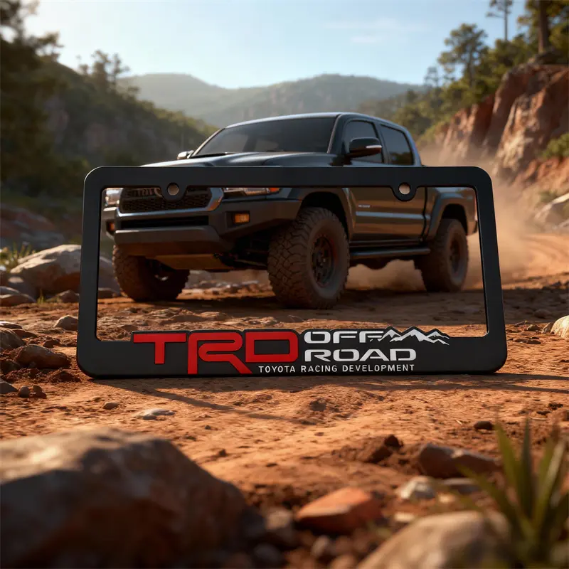 Automotive 2-Pack Bolt-On License Plate Frames - 6"x12" ABS Durable Number Plates, Rugged Off-Road Look, Matte Black Cover, Aggressive Racing Design, Includes Matching Brackets, OEM+ Upgrade for Toyota Tacoma/Tundra Trucks, Car Exterior Accessories