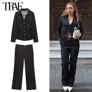TRAF 2025 Denim Women's Pants Sets Button up Shirt Two Piece Outfits Woman High Waist Women's Trousers Suits Spring Lady Sets