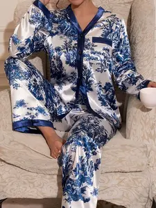 Elegant Vintage Blue Ink Color Button Pocket Long Sleeve Top & Pants Women's Pajama Set, Autumn/Winter, Fall Clothes  Cozy And Elegant Details