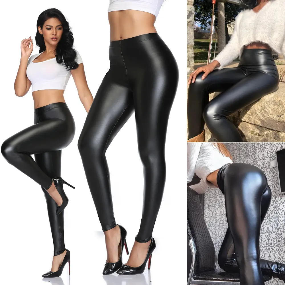 Women's High-Waisted Tummy Control Faux Leather Full-Length Leggings - Tight Style PU Material Slim-Fit Pants, Stretchy for Athletic & Fall Casual Wear